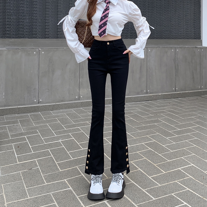 【ZHELIHANGFEI】Quần Jean Dài Lưng Cao Ống Loe Xẻ Tà Cá Tính Trẻ Trung