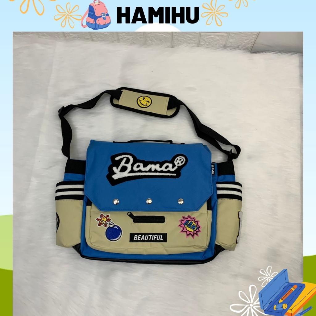 Túi đeo chéo có thêu chữ BAMA, Túi đeo chéo đi học Hamihu HM11 có đường may chắc chắn, túi có 2 màu xanh và đen