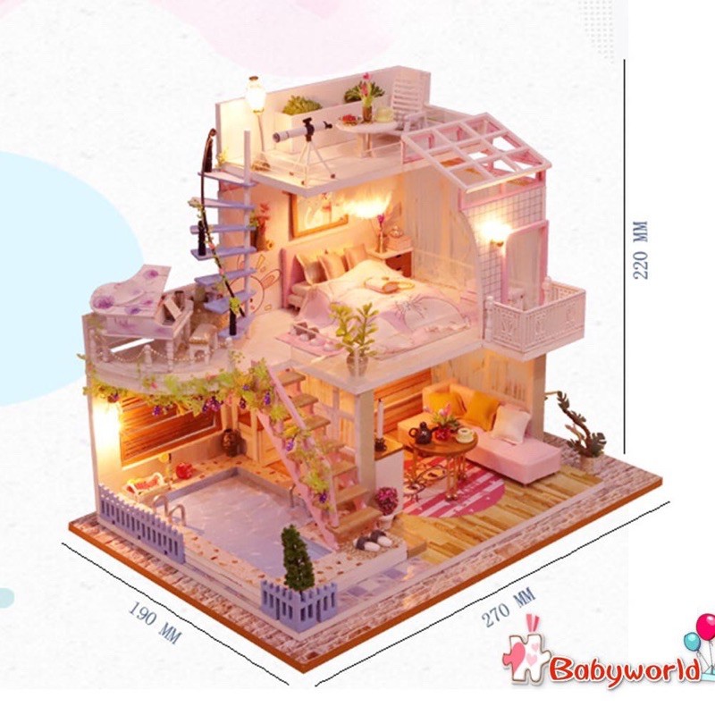 P005 mô hình nhà gỗ biệt thự hồng (cÓ keo, mica, đèn)