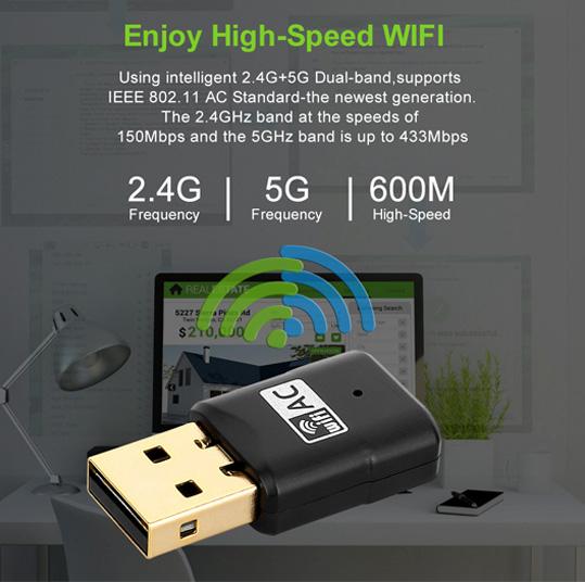 600Mbps Băng tần kép 802.11ac 2.4GHz 5GHz PC WiFi Bộ điều hợp USB Mạng LAN Dongle Vương quốc Anh