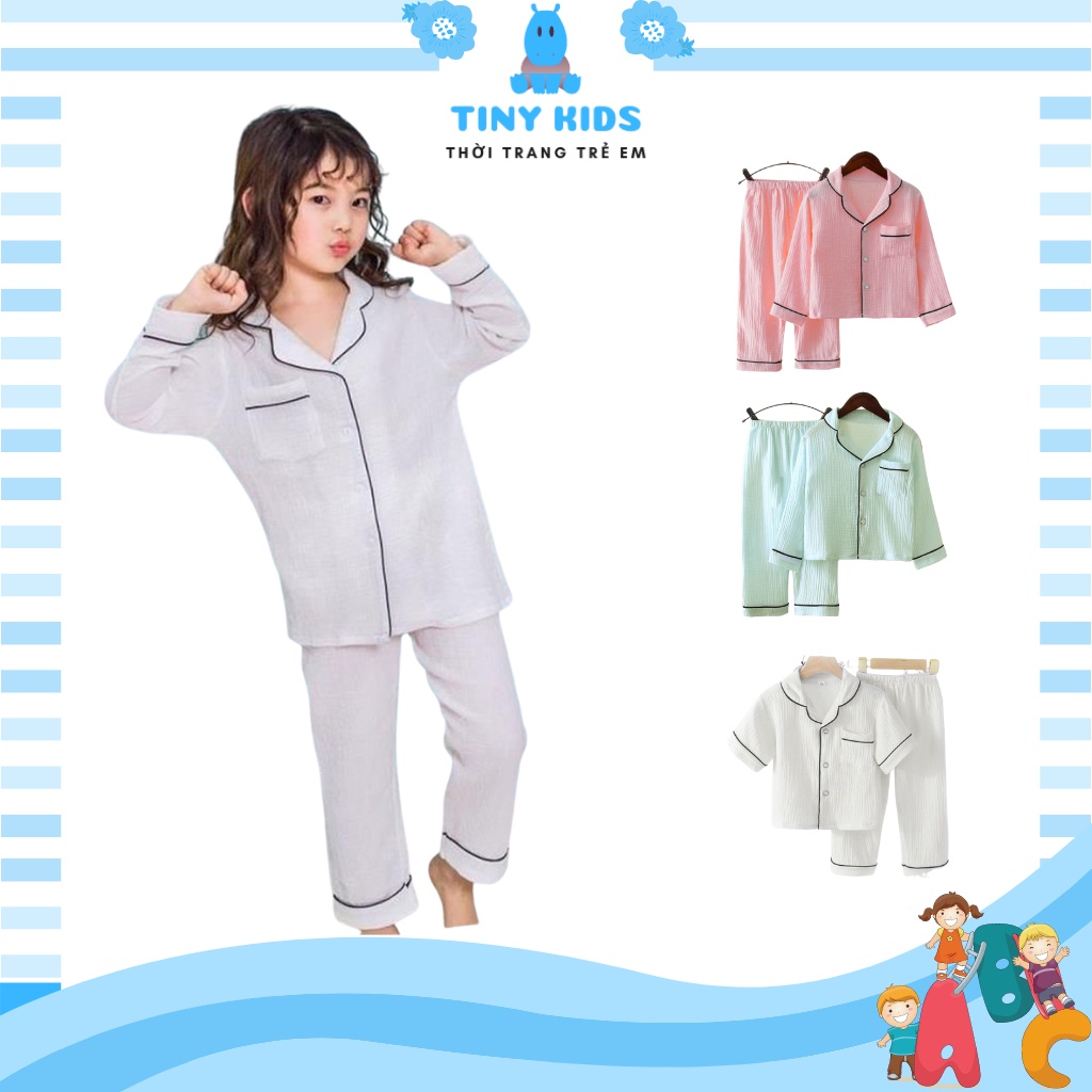 Bộ pijama cho bé dài tay xuất xịn, bộ quần áo ngủ chất đũi trẻ em từ 6-28kg Tiny Kids