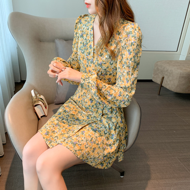 Đầm chiffon IELGY dài tay in hoa kiểu Pháp xinh xắn dễ thương cho nữ