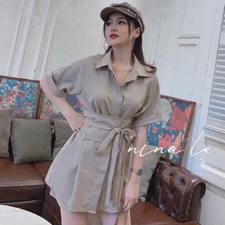 Set áo sơmi nâu cột eo kèm quần short
