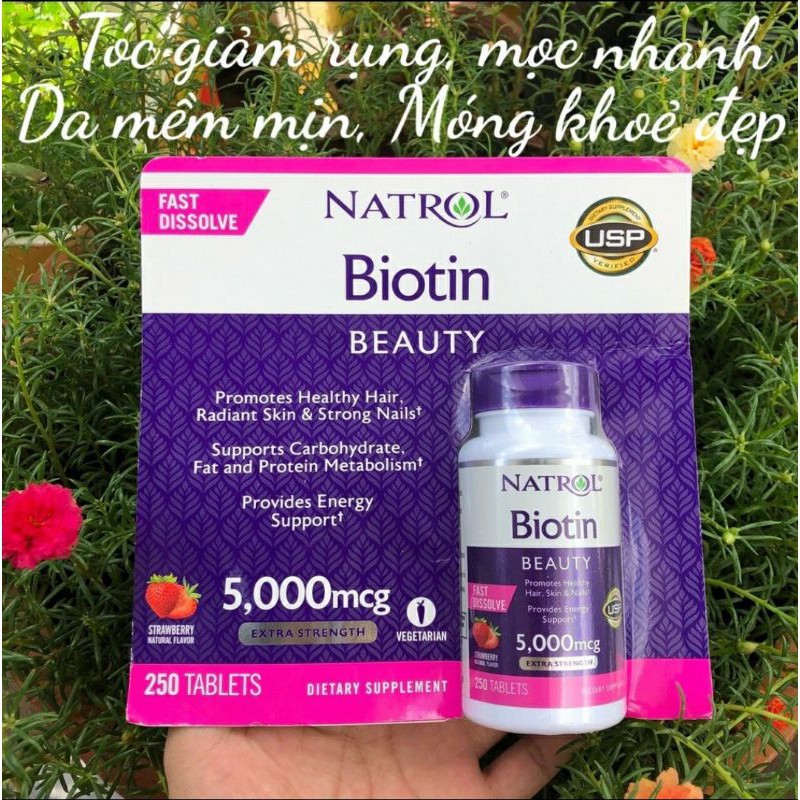 Natrol Biotin Hair Nails Skin 5000mcg 250 viên Mỹ, Hương Dâu