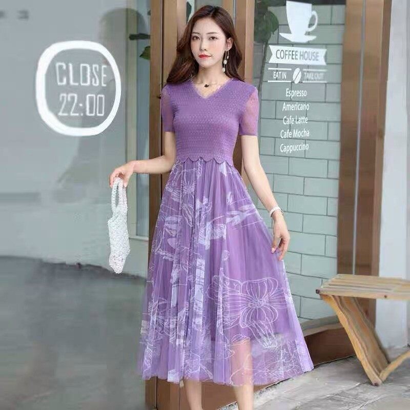 ĐẦM XÒE DẬP LY CHÂN VÁY IN HOA REN PHỐI LƯỚI SANG CHẢNH - MH721405 - HÀNG QUẢNG CHÂU