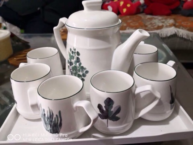 Bộ bình trà sứ cao cấp 7 món hoa văn lá xanh - VS42