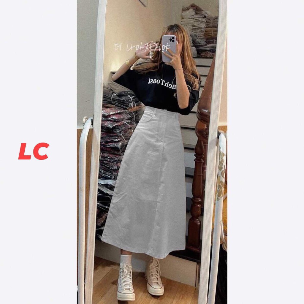 Set áo đen chân váy kaki trắng 💖FREESHIP💖Set áo in chữ mix chân váy dài dài phong cách Hàn Quốc AD08