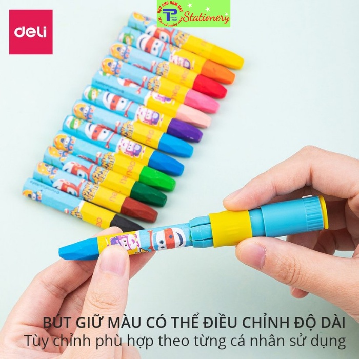 Bút màu sáp dầu Deli SuperWings Đội Bay Siêu Đẳng 12,18,24 màu, tô mịn - an toàn cho bé - tặng kẹp chống bẩn - C009