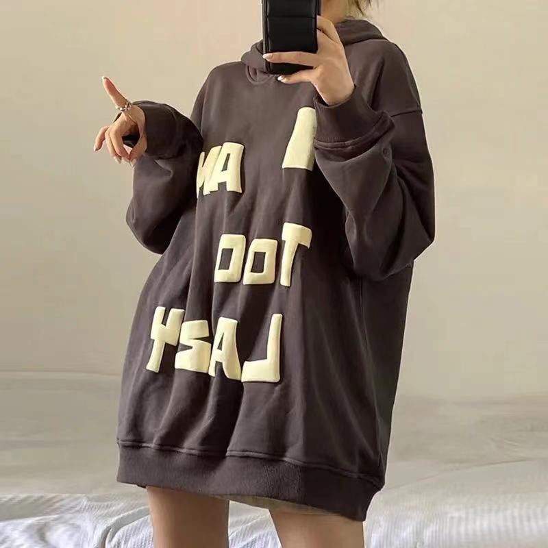 COZOK Áo Hoodie dài tay dáng rộng in chữ cá tính