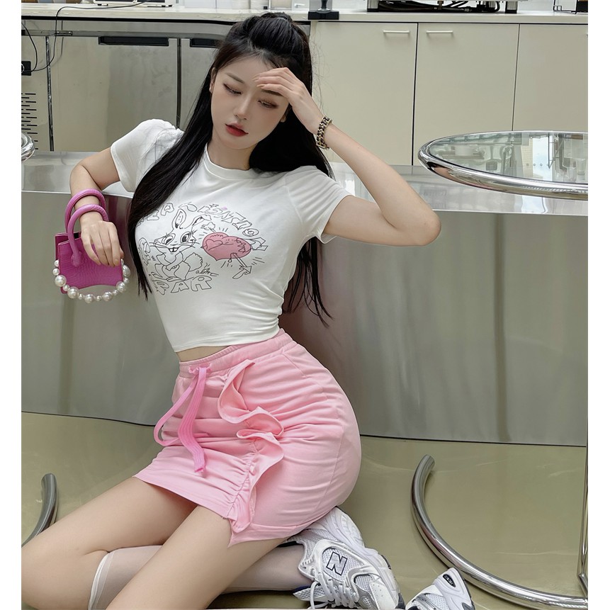 Tshirt women cartoon print love sweet sexy hot girl tight fitting white short sleeved top