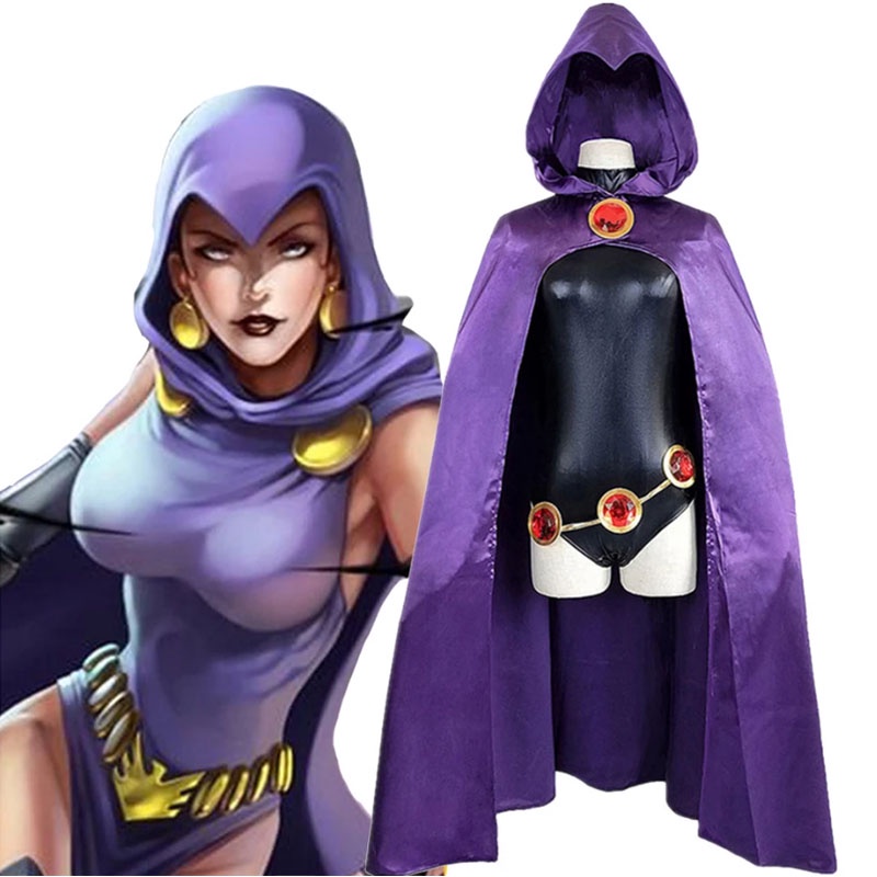 Bộ Áo Liền Quần Có Nón Màu Đen / Tím Hóa Trang Super Hero Raven Cho Tuổi Teen Titans