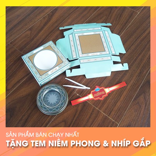 7.5*2cm-Trọn bộ hộp thiếc và giấy xanh ngọc đựng saffron tặng tem và nhíp 1-2gr