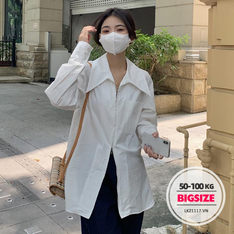Áo sơ mi Bigsize Áo trắng nữ form rộng tay dài cổ bẻ thiết kế khoá kéo mùa hè Phong cách Hàn Quốc Thời Trang tiểu thư cá tính xinh đẹp cho người mập béo