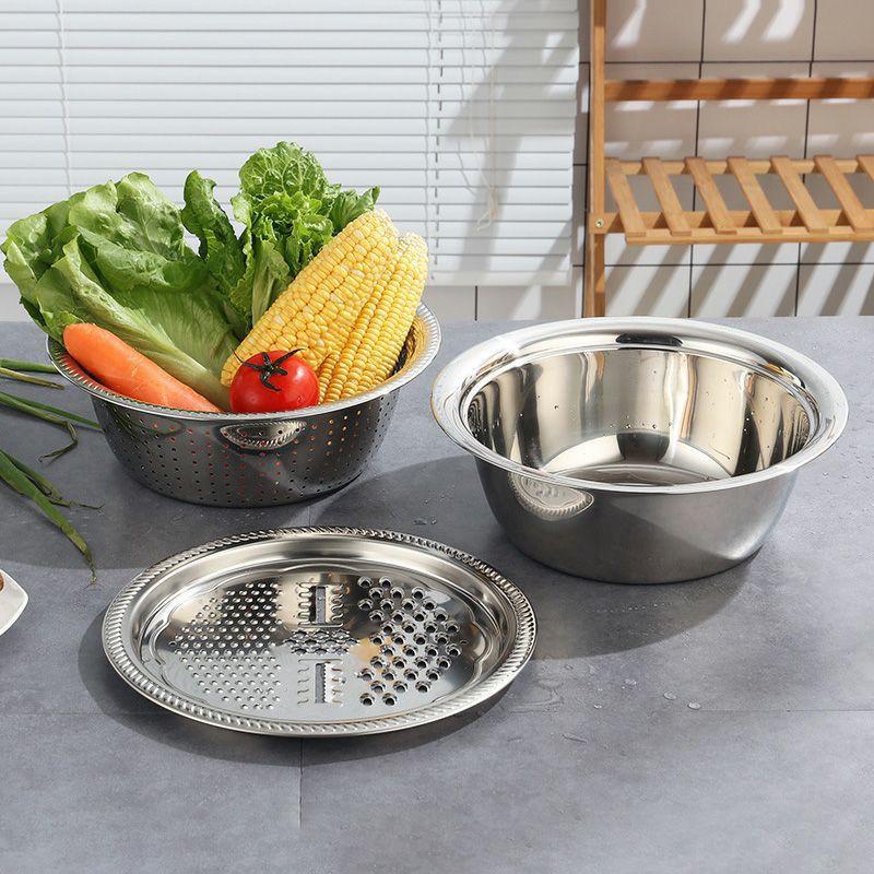 [3 in 1] Bộ Bào Rau Củ Kèm Thau Rổ Inox Đa Năng