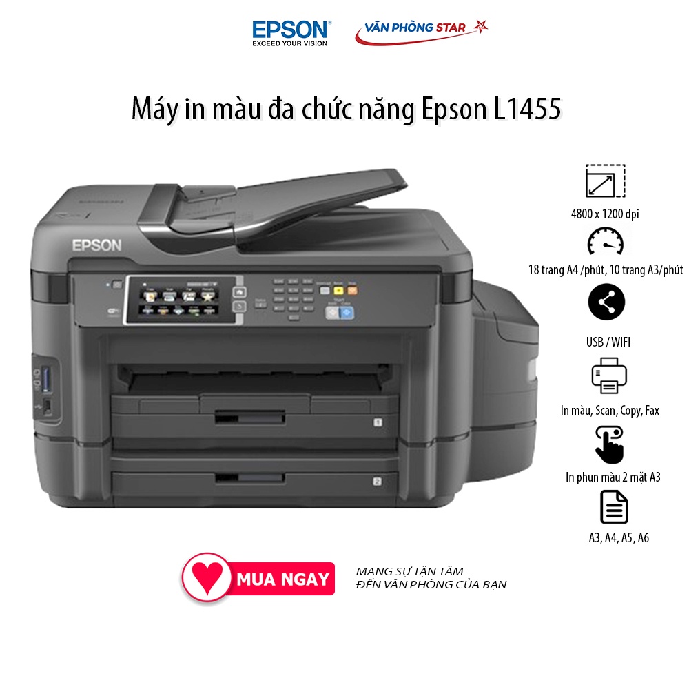 [FREESHIP] Máy in phun đa năng A3 Epson L1455 (In,Scan,Copy, Fax) 18 trang / 1 phút độ phân giải 4800 x 1200 dpi