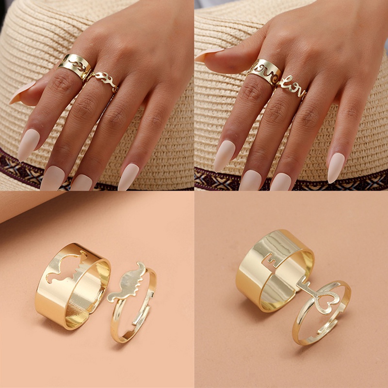 Nhẫn Dạng Mở Hình Trái Tim/Ngôi Sao Đính Đá Đơn Giản Phong Cách Retro Dành Cho Cặp Đôi