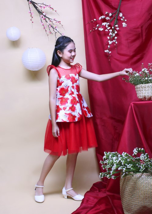 Đầm tiệc bé gái peplum in hoa đỏ