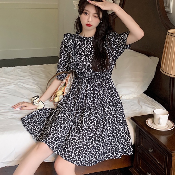 Đầm SUXI chữ A lưng cao họa tiết hoa phong cách vintage cho nữ