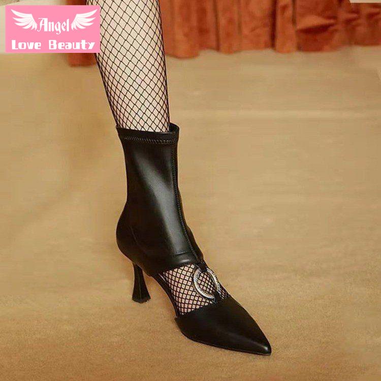 Giày Bốt Cao Gót 7cm Mũi Nhọn Khoét Lỗ Đính Đá Thời Trang Mùa Hè Quyến Rũ Cho Nữ