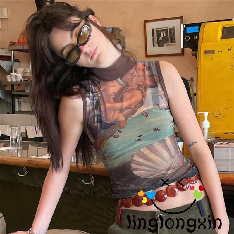 Linglongxi2-áo Tank Top Ôm Dáng Màu Nâu / Xanh Lá Cây Trừu Tượng Phong Cách Vintage Kích Thước S / M / L