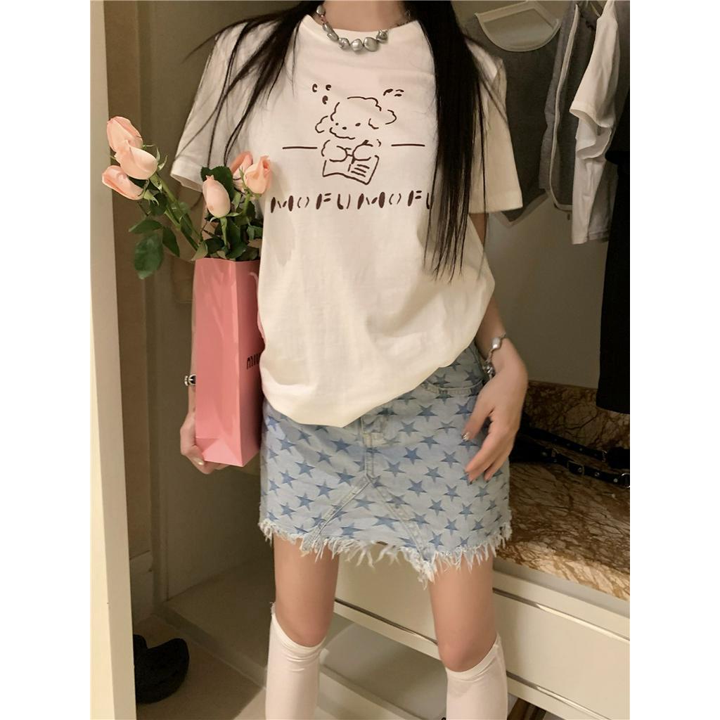 Áo Thun Cotton Cổ Tròn Dáng Rộng Ngắn Tay In Hình Dễ Thương Thời Trang Mùa Hè 62357