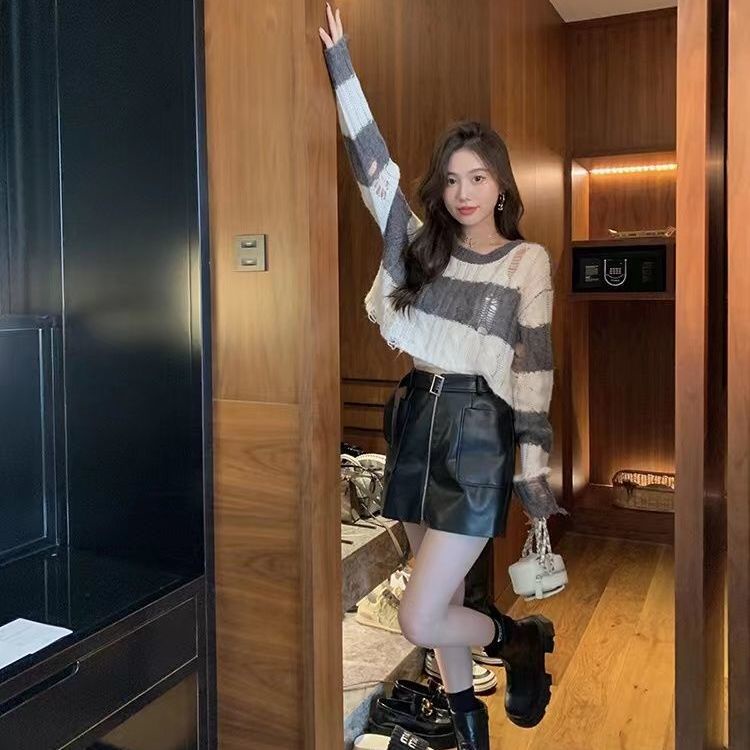 Jiashucheng Áo Sweater Cổ Tròn Tay Dài Dáng Rộng Họa Tiết Kẻ Sọc Thời Trang Cho Nữ