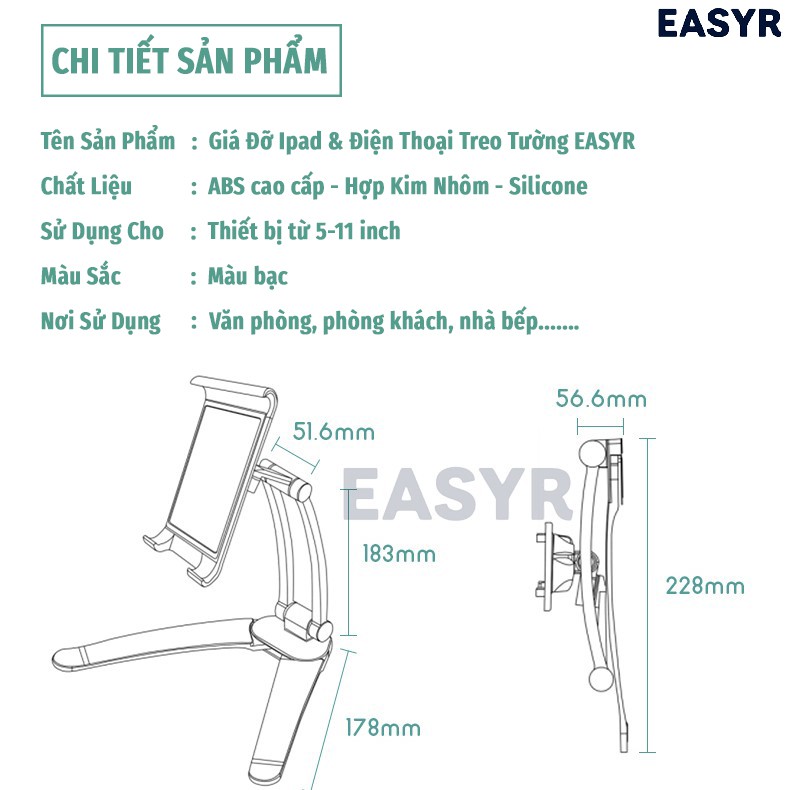 Giá Đỡ Ipad & Điện Thoại Treo Tường EASYR [FREESHIP] Tương Thích Với Thiết Bị 4~11inch, 100% Nhôm Siêu Bền | BigBuy360 - bigbuy360.vn