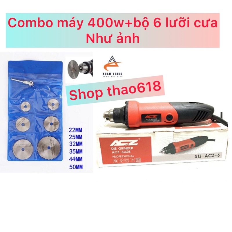 Combo Máy mài khuôn 400W ACZ 66606 I đầu khoan 6mm + Bộ 6 lưỡi cưa cắt 1 trục 3mm
