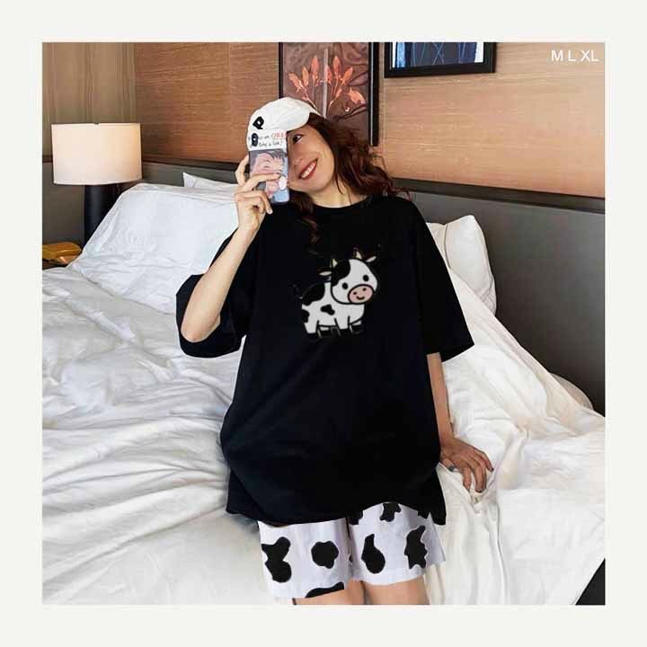 Đồ bộ hoạt hình form rộng Unisex BỘ BÒ SỮA QUẦN TRẮNG Freesize dành cho nam nữ Freesize, Thun Cotton