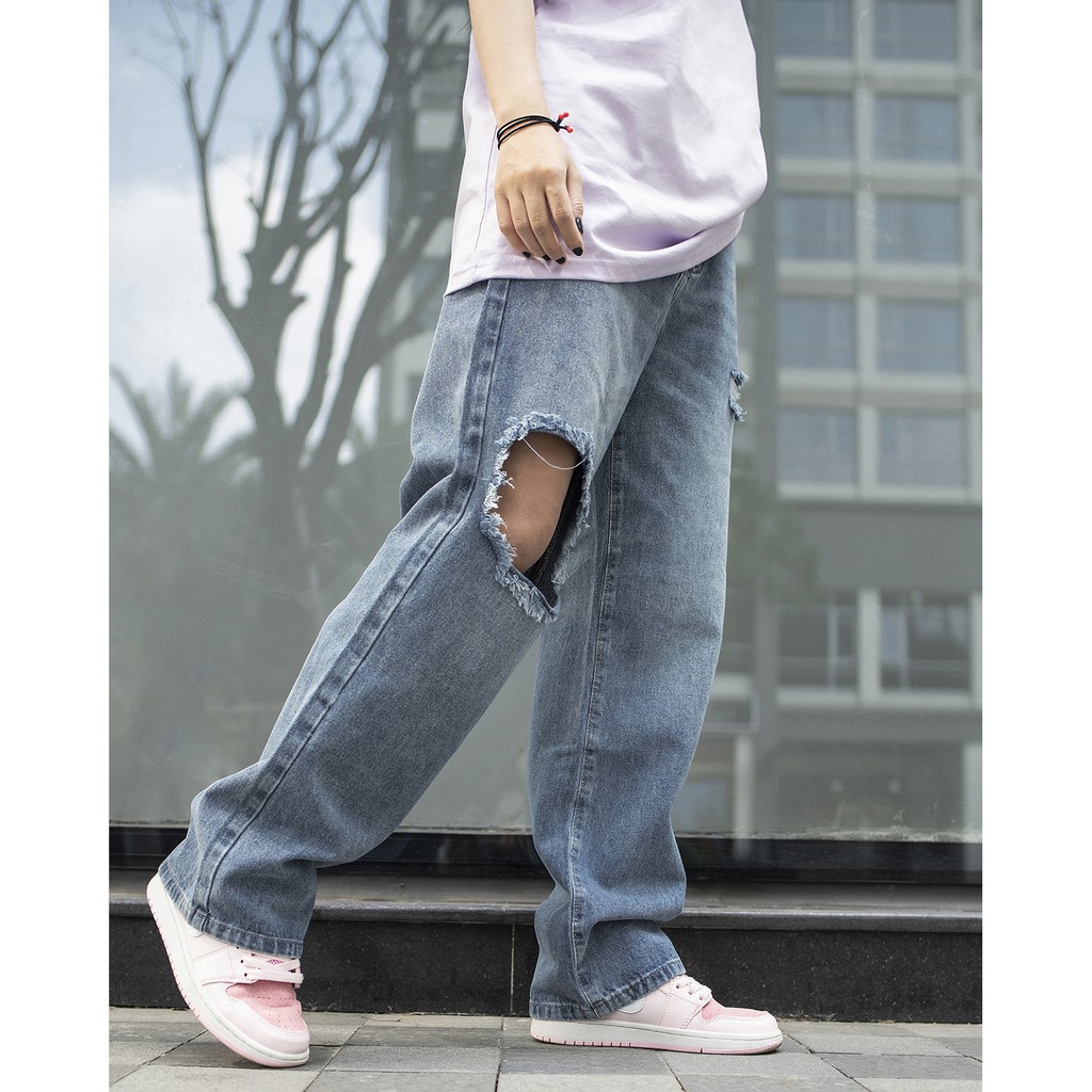 Quần Baggy Ống Suông Đứng Rách Gối To - Chất Vải Jeans Cao Cấp Mềm Mịn - Unisex Nam Nữ Hot Trend Dễ Phối Đồ -  Màu Xanh
