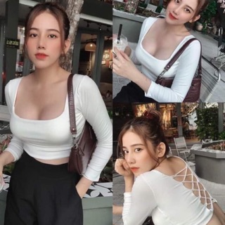 BÁN SỈ ÁO CROPTOP GÂN TĂM NỮ TAY DÀI ĐAN DÂY LƯNG CÓ MÚT NGỰC
