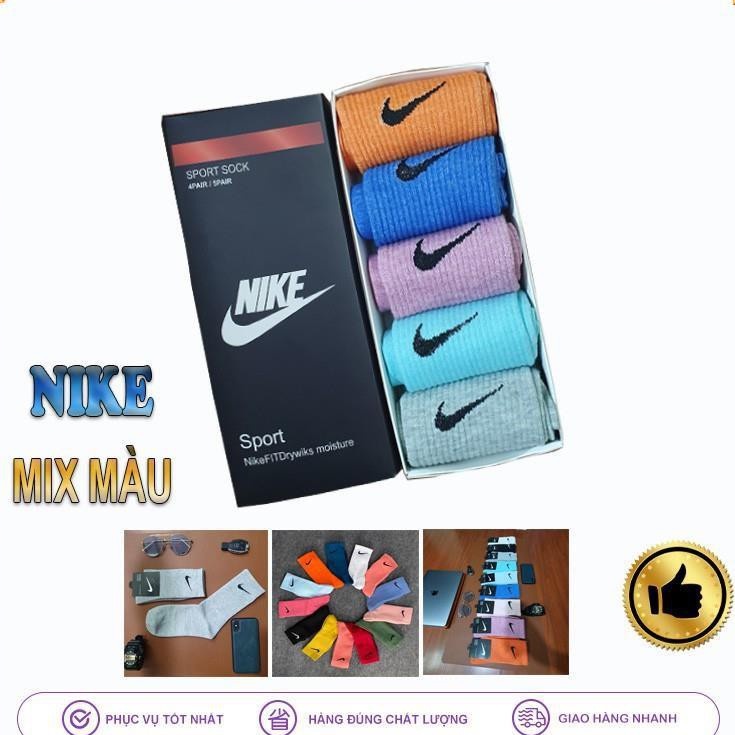 Hộp 5 Đôi Tất Nike Màu (Random), Tất Cao Cổ Hàng Xuất Dư Cao Cấp Quà Tặng  - Bán Buôn Bán Lẻ