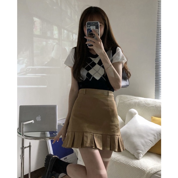 AMOI Chân Váy Ngắn Lưng Cao Màu Đen Thiết Kế Xếp Ly Thời Trang Cho Nữ