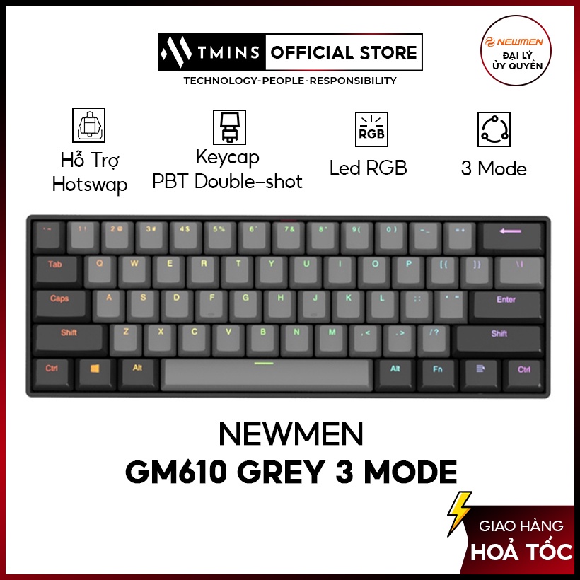 Bàn phím cơ không dây Newmen GM610 Grey 3 Mode - Hàng Chính Hãng