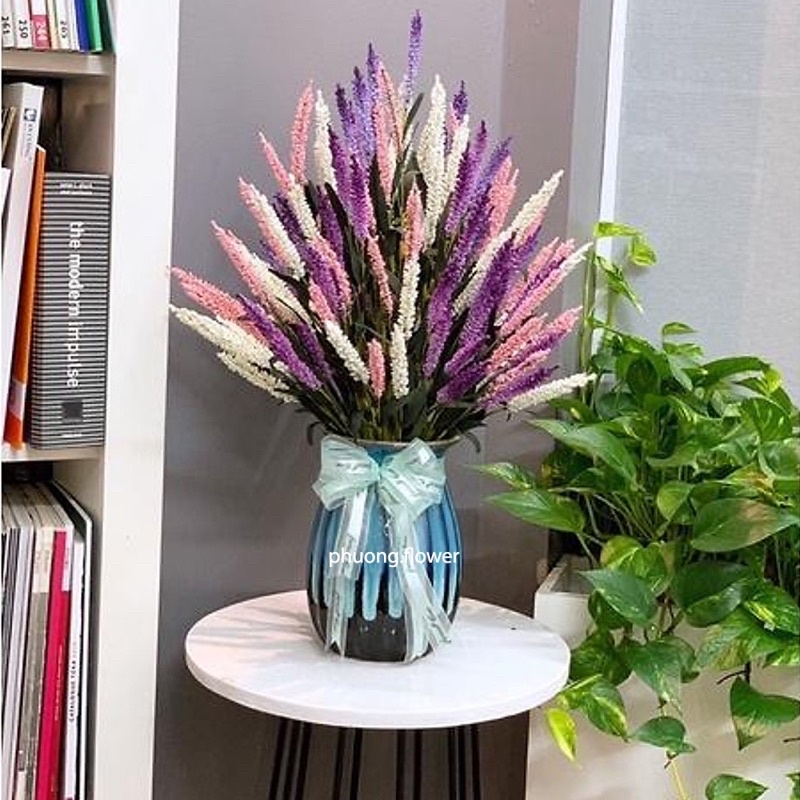 Cành hoa oải hương lavender giả nhân tạo dài 60cm 12 hoa loại lá nhọn đậm cắm chậu trang trí tuyệt đẹp