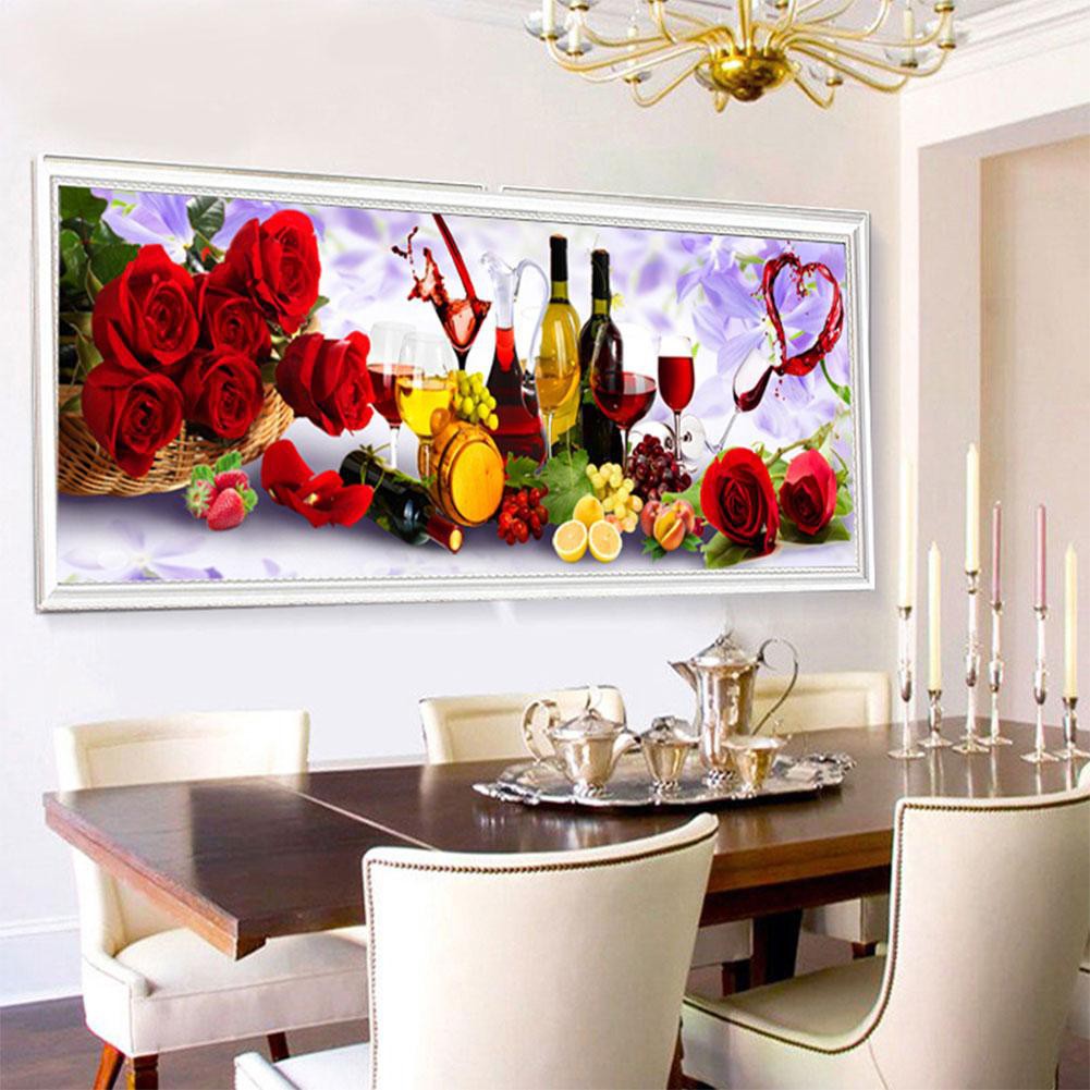 Tranh hoa hồng và rượu vang kim cương 5D 30 X 75cm