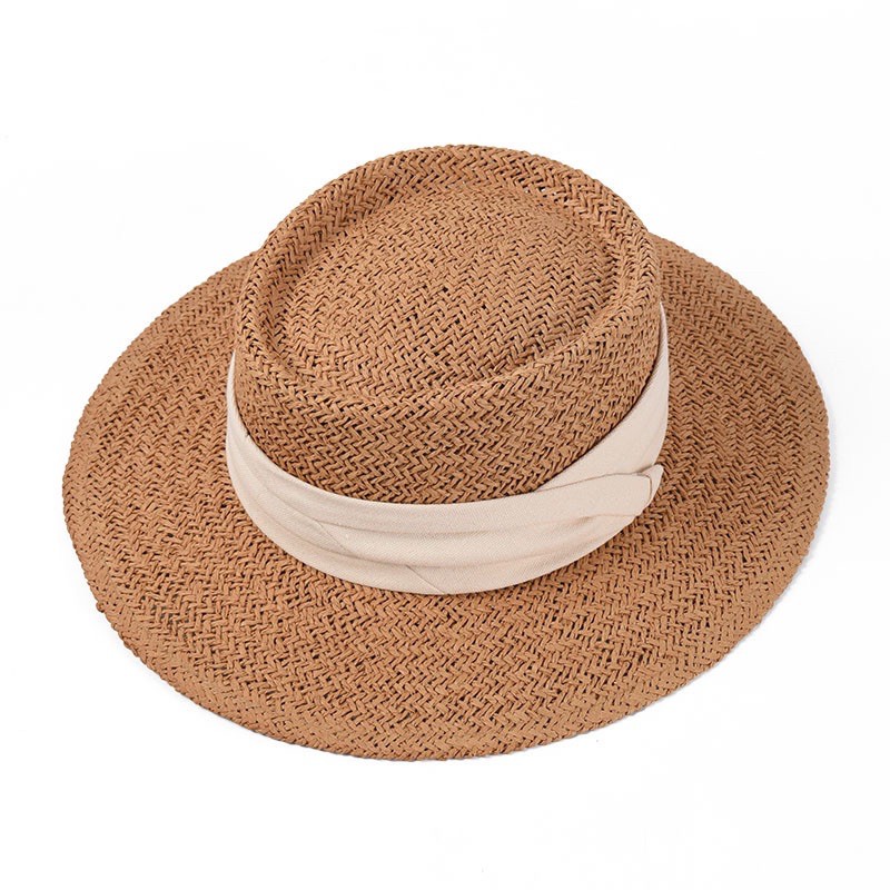 Mũ cói đi biển lõm đỉnh vành rộng 3 màu đai cao cấp - Nón cói 3 màu đỉnh lõm loại 1