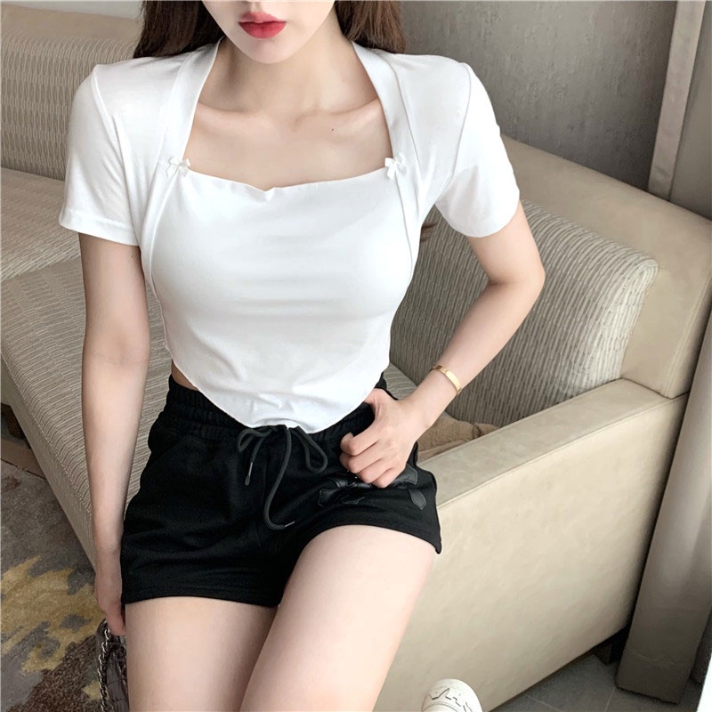 Áo Thun Tay Ngắn Cổ Vuông Ôm Dáng Thiết Kế Không Đồng Đều Thời Trang Cho Nữ