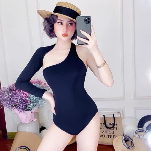 [HÌNH THẬT] Set bikini, bodysuit tay dài đen một bên sành điệu