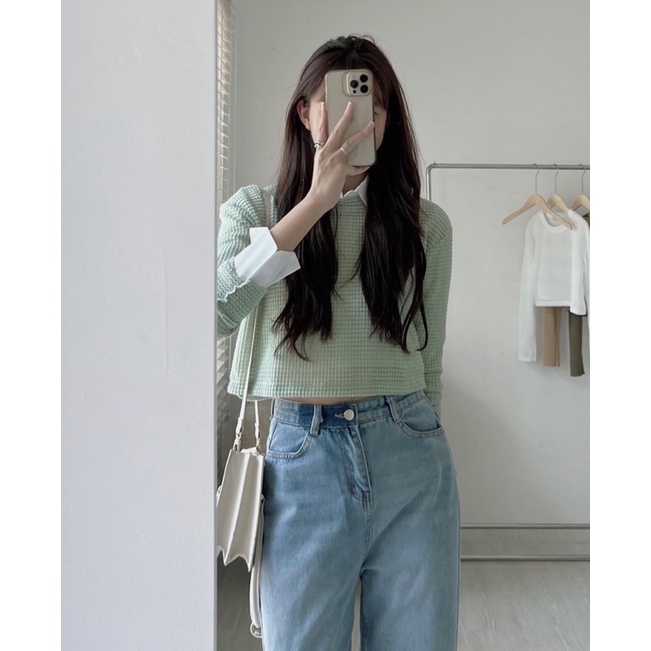 [Ảnh thật/Video] Áo len croptop dài tay phong cách Hàn Quốc trẻ trung
