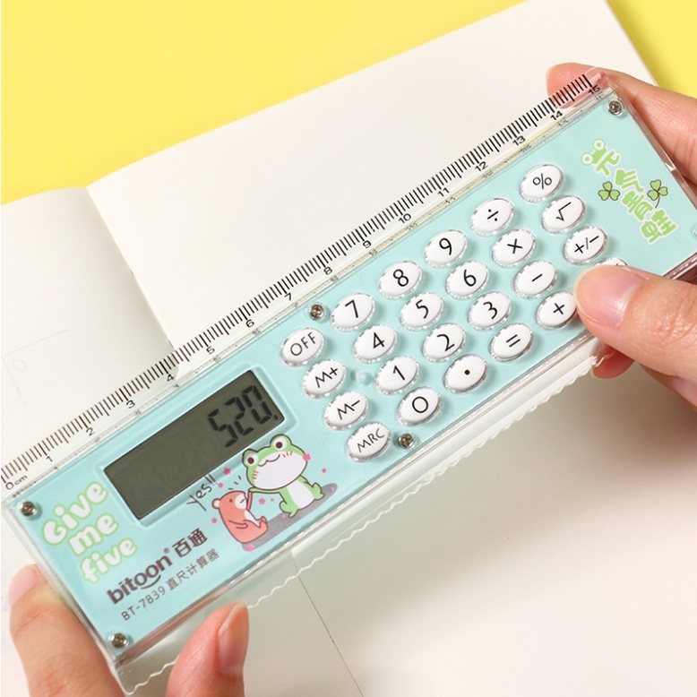 Thước kẻ kiêm máy tính bỏ túi sử dụng pin tích điện  mini trong suốt tiện lợi