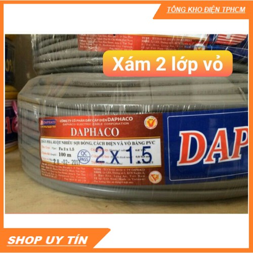 [DAPHACO] Dây Điện Đôi 2x1.5 - Cuộn 100 Mét Dây Pha Tròn Xám 2 Lớp Vỏ Bọc PVC