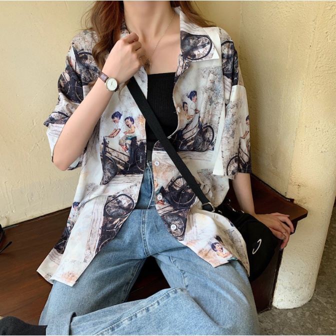 Áo sơ mi nữ unisex form rộng tay lỡ Vanessa Stylish dáng ulzzang mặc cặp, nhóm in hình Xe Đạp SMH.43