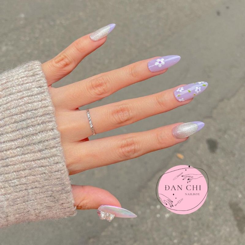 NailBox móng úp thiết kế sẵn Mẫu Tím Hoa Charm Nơ