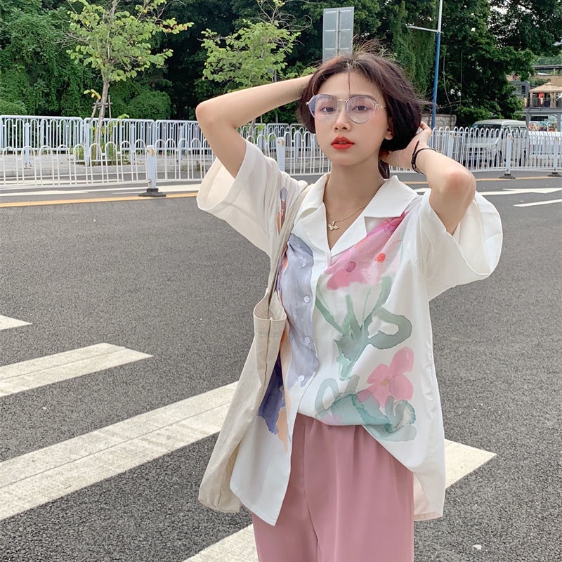 Áo Sơ Mi Tay Ngắn Dáng Rộng In Họa Tiết Thắt Cà Vạt Phong Cách Hàn Quốc Thời Trang Mùa Hè Mới Cho Nữ