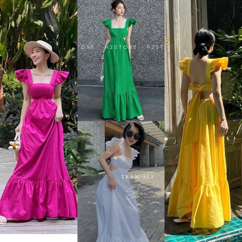 Maxi cánh tiên hở/khoét/cut eo lưng, đầm váy dài xoè vàng/trắng/xanh/hồng, đồ hotgirl du lịch đi chơi/biển sang trọng