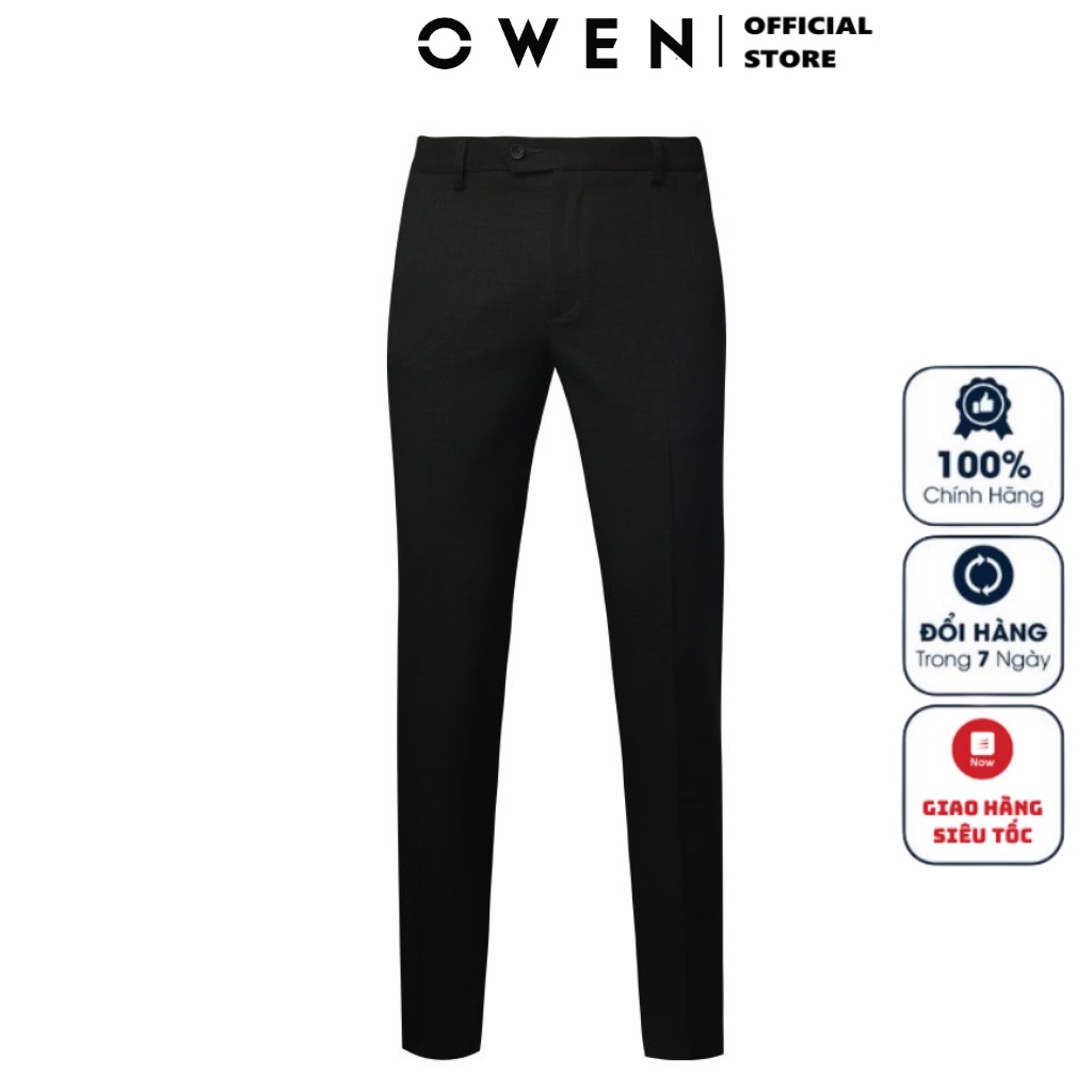 Quần Âu Nam Quần Tây Công Sở Cao Cấp Owen QRT23466 Dài Chân Dáng Suông Cạp Tăng Đơ Màu Đen Kẻ Vải Polyester Mềm Mại