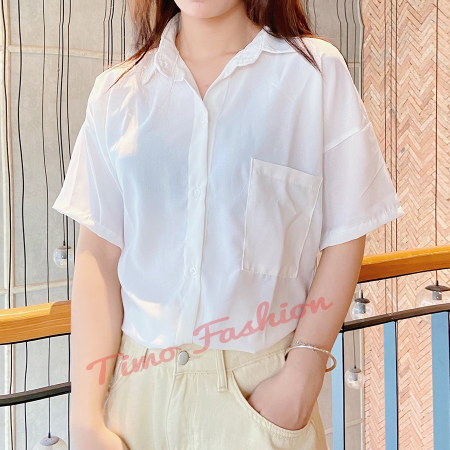 Áo sơ mi nữ, áo sơ mi nữ form rộng tay ngắn kiểu unisex tay lỡ hàn quốc cao cấp công sở, mặc đi học, AO006