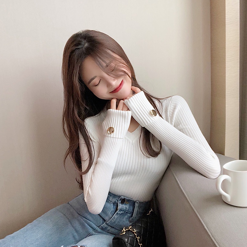 Áo dệt kim ZHELIHANGFEI tay dài cổ chữ V thời trang quyến rũ cho nữ