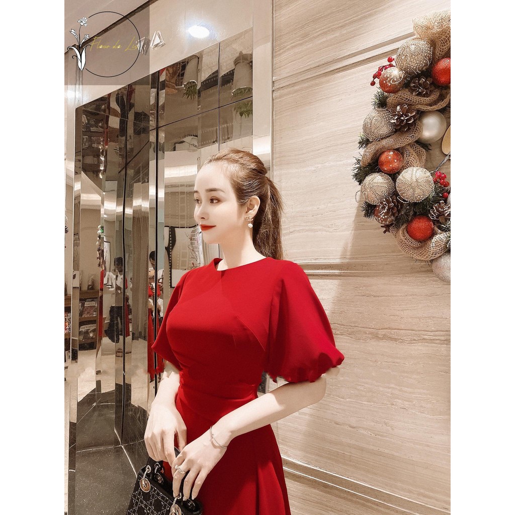 Váy đỏ tay chuông nhún eo